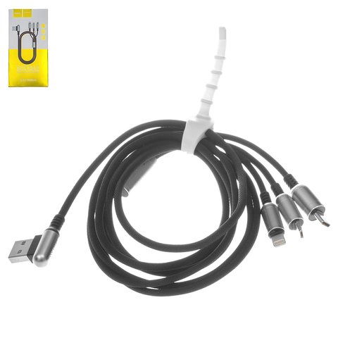 USB кабель Hoco U17, USB тип C, USB тип A, micro USB тип B, Lightning, 150 см, 2,4 А, черный, Г образный, в нейлоновой оплетке, 3 в 1