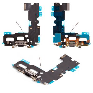 Шлейф для iPhone 7, конектора навушників, конектора зарядки, чорний, з компонентами, High Copy