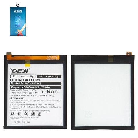 Аккумулятор Deji HE342 для Nokia 5.1 Plus, 6.1 Plus, 7.1, X6, Li ion, 3,85 B, 3060 мАч