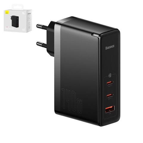 Мережевий зарядний пристрій Baseus GaN5 Pro, 140 Вт, Quick Charge, 220 В, чорний, з кабелем USB тип C до USB тип C, 3 порта, #CCGP100201